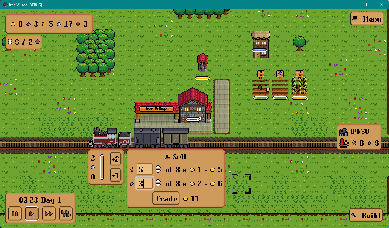 A screenshot of the first level agricultural train in red, with the new UI completed.